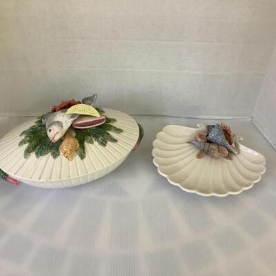 F634 Fitz & Floyd Oval Covered Vegetable Bowl and Shell Plate 
