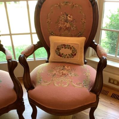 H. 657 Two Victorian Upholstered Needlepoint & Petit Point Armchairs 