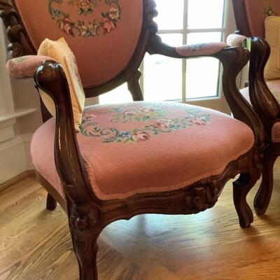 H. 657 Two Victorian Upholstered Needlepoint & Petit Point Armchairs 