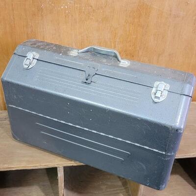 Lot 19: Large Metal Tool or Tackle Box with Pop Out Storage