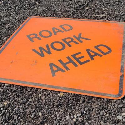 Lot 50: Vintage 3-Foot Heavy Aluminum ROAD WORK AHEAD Road Sign 