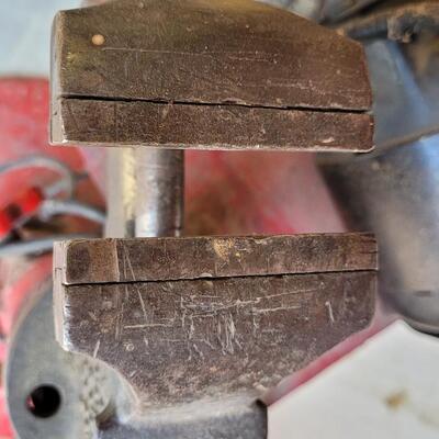 Lot 55: Vintage Red Chippy Paint Base w/ Columbian VISE and GE Bench Grinder 