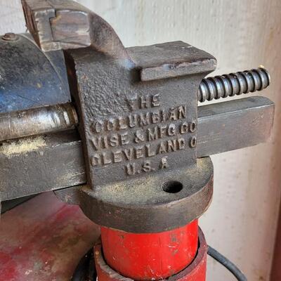 Lot 55: Vintage Red Chippy Paint Base w/ Columbian VISE and GE Bench Grinder 