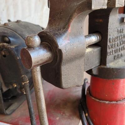 Lot 55: Vintage Red Chippy Paint Base w/ Columbian VISE and GE Bench Grinder 