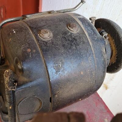 Lot 55: Vintage Red Chippy Paint Base w/ Columbian VISE and GE Bench Grinder 