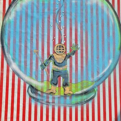 Lot 61: Large 80" x 48" Original Surreal Art SCUBA MAN FUN FISHBOWL on Striped Canvas