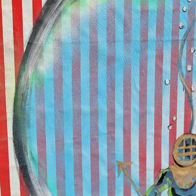 Lot 61: Large 80" x 48" Original Surreal Art SCUBA MAN FUN FISHBOWL on Striped Canvas