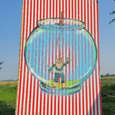 Lot 61: Large 80" x 48" Original Surreal Art SCUBA MAN FUN FISHBOWL on Striped Canvas