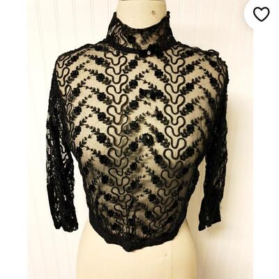 Vtg 1940's Ribbon Lace High Neck Top w/bows Victorian Vibes 