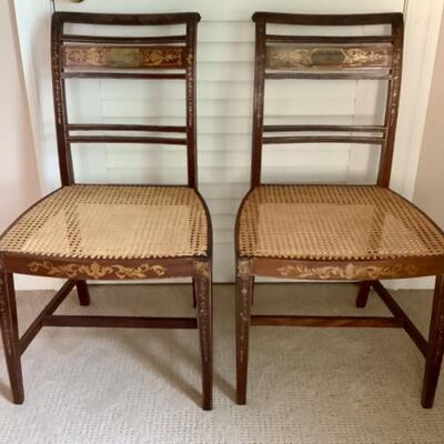J. 683 Pair of Antique Gold Stenciled Cane Seat Chairs 