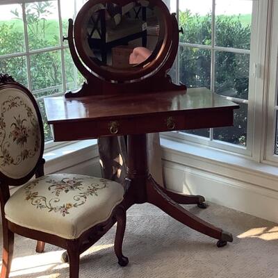 J. 701  Antique Regency Style Vanity with Heart Shaped Beveled Mirror & Needlepoint Chair 