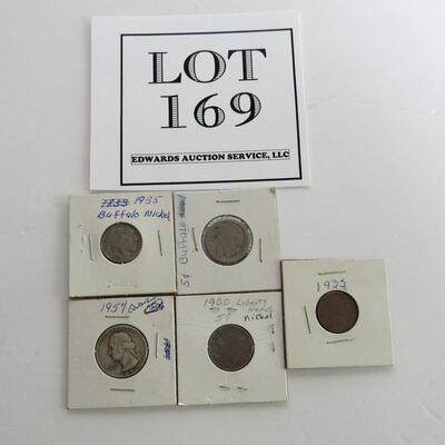 1957 Quarter, 1900 Liberty Nickel, 1935 Penny, 1935 Buffalo Nickel, No Date Buffalo Nickel