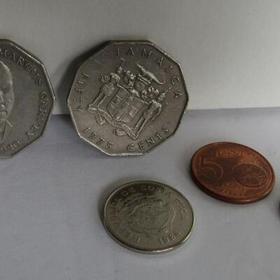 Lot of Mixed Foreign Coins: 2 1975 Jamacian 50 Cent, 1 1984 Costa Rica Colon, Euro 15 Cent, German Pfennig 5 Cent