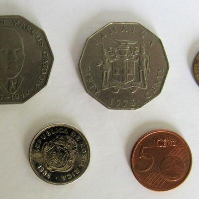 Lot of Mixed Foreign Coins: 2 1975 Jamacian 50 Cent, 1 1984 Costa Rica Colon, Euro 15 Cent, German Pfennig 5 Cent