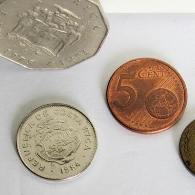Lot of Mixed Foreign Coins: 2 1975 Jamacian 50 Cent, 1 1984 Costa Rica Colon, Euro 15 Cent, German Pfennig 5 Cent