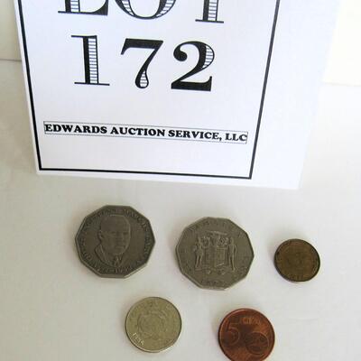 Lot of Mixed Foreign Coins: 2 1975 Jamacian 50 Cent, 1 1984 Costa Rica Colon, Euro 15 Cent, German Pfennig 5 Cent