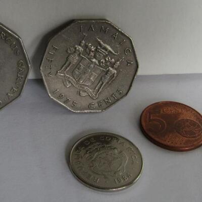 Lot of Mixed Foreign Coins: 2 1975 Jamacian 50 Cent, 1 1984 Costa Rica Colon, Euro 15 Cent, German Pfennig 5 Cent
