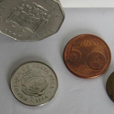 Lot of Mixed Foreign Coins: 2 1975 Jamacian 50 Cent, 1 1984 Costa Rica Colon, Euro 15 Cent, German Pfennig 5 Cent