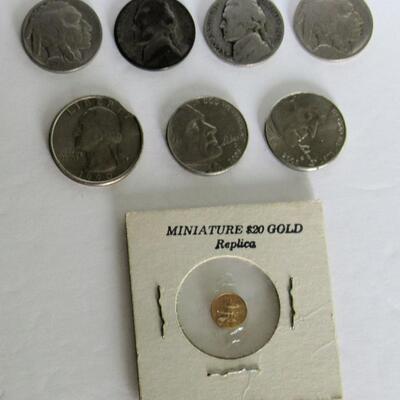 Miniature $20 Gold Replica, 1941 Nickel, 1942 S Nickel, 1934 Buffalo Nickel, 2 Modern Nickels, 1990 Clipped Edge Quarter, 2002 Penny