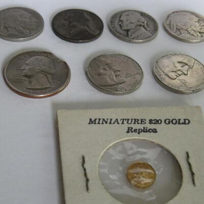 Miniature $20 Gold Replica, 1941 Nickel, 1942 S Nickel, 1934 Buffalo Nickel, 2 Modern Nickels, 1990 Clipped Edge Quarter, 2002 Penny