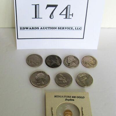 Miniature $20 Gold Replica, 1941 Nickel, 1942 S Nickel, 1934 Buffalo Nickel, 2 Modern Nickels, 1990 Clipped Edge Quarter, 2002 Penny