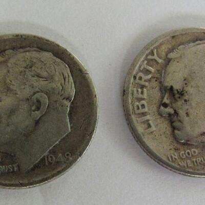 10 Silver Dimes:  1946 P, 1947 S, 1948 D (2), 1962 D (2), 1963 D, 1964 D (2), 1967 P