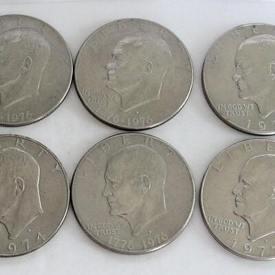 Lot of 6 Eisenhauer Dollar Coins, 1974 D, Bicentennial P, 2 Bicentennial D, 2 1977 D