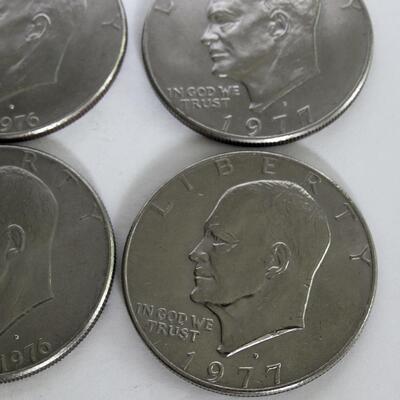 Lot of 6 Eisenhauer Dollar Coins, 1974 D, Bicentennial P, 2 Bicentennial D, 2 1977 D
