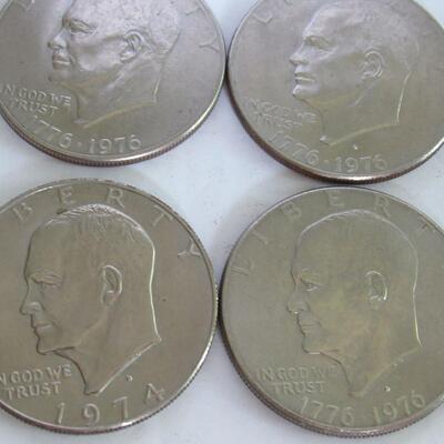 Lot of 6 Eisenhauer Dollar Coins, 1974 D, Bicentennial P, 2 Bicentennial D, 2 1977 D