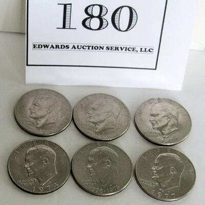 Lot of 6 Eisenhauer Dollar Coins, 1974 D, Bicentennial P, 2 Bicentennial D, 2 1977 D