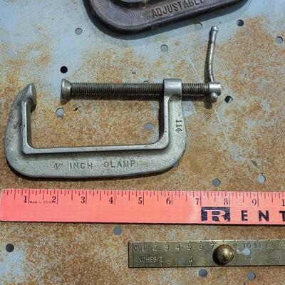 Lot 70: (2) Large Vintage Clamps + Brass Ruler w/ Knob