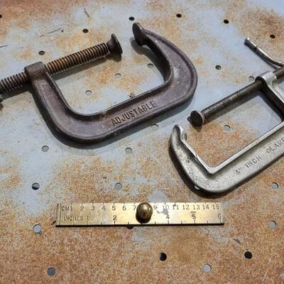 Lot 70: (2) Large Vintage Clamps + Brass Ruler w/ Knob