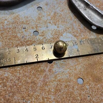 Lot 70: (2) Large Vintage Clamps + Brass Ruler w/ Knob