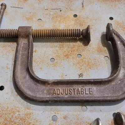 Lot 70: (2) Large Vintage Clamps + Brass Ruler w/ Knob