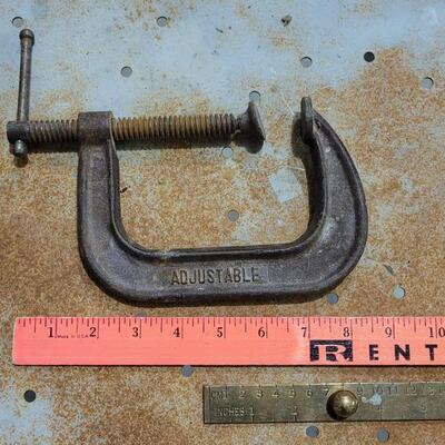 Lot 70: (2) Large Vintage Clamps + Brass Ruler w/ Knob