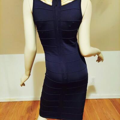 Vtg Body Con Herve Leger ? Dress with gold sequined cross bodice front and back