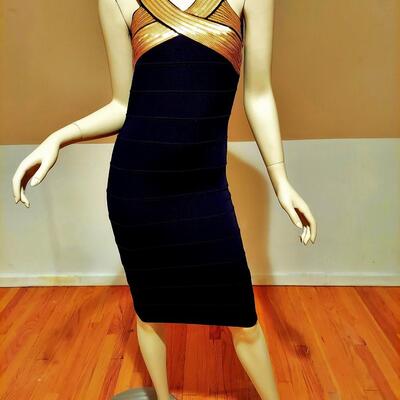 Vtg Body Con Herve Leger ? Dress with gold sequined cross bodice front and back