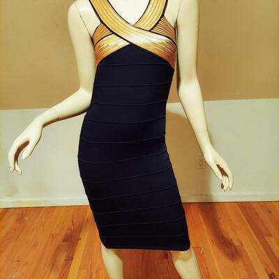 Vtg Body Con Herve Leger ? Dress with gold sequined cross bodice front and back