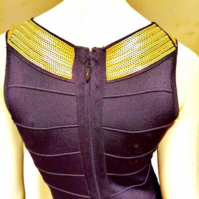Vtg Body Con Herve Leger ? Dress with gold sequined cross bodice front and back