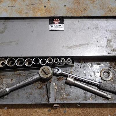 Lot 74: Vintage Gray WRIGHT Toolbox w/ Sockets + Wrenches