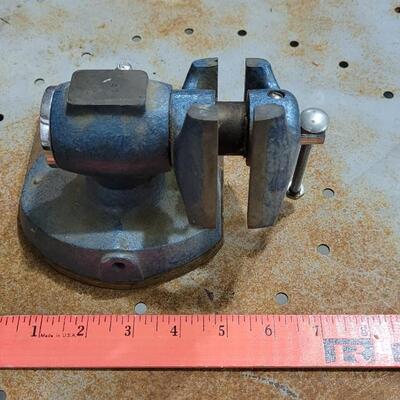 Lot 77: Vintage Small Bench Vise Blue w/ Wood Base