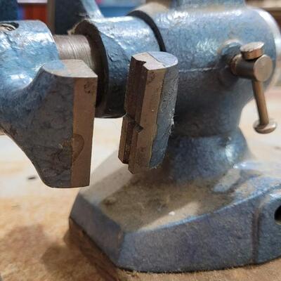 Lot 77: Vintage Small Bench Vise Blue w/ Wood Base