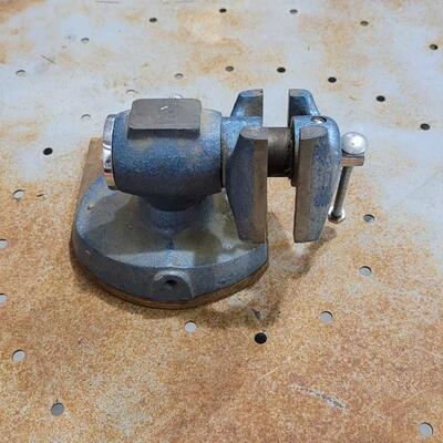 Lot 77: Vintage Small Bench Vise Blue w/ Wood Base