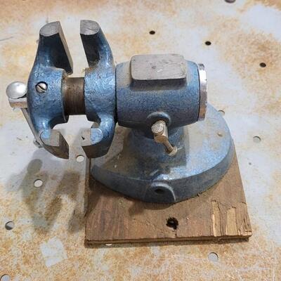 Lot 77: Vintage Small Bench Vise Blue w/ Wood Base