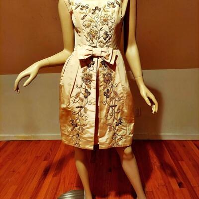 Vtg Silk Shantung Hostess cocktail dress w/over skirt crystal glass lavishly beaded 