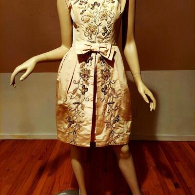 Vtg Silk Shantung Hostess cocktail dress w/over skirt crystal glass lavishly beaded 