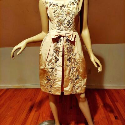 Vtg Silk Shantung Hostess cocktail dress w/over skirt crystal glass lavishly beaded 