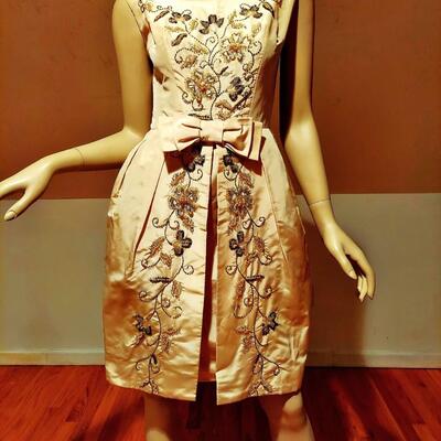 Vtg Silk Shantung Hostess cocktail dress w/over skirt crystal glass lavishly beaded 