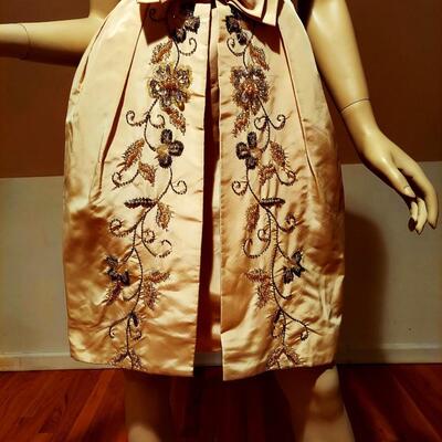 Vtg Silk Shantung Hostess cocktail dress w/over skirt crystal glass lavishly beaded 