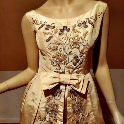 Vtg Silk Shantung Hostess cocktail dress w/over skirt crystal glass lavishly beaded 